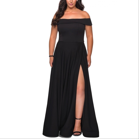 La Femme 29007 Off Shoulder Foldover Neckline Side Slit Dress